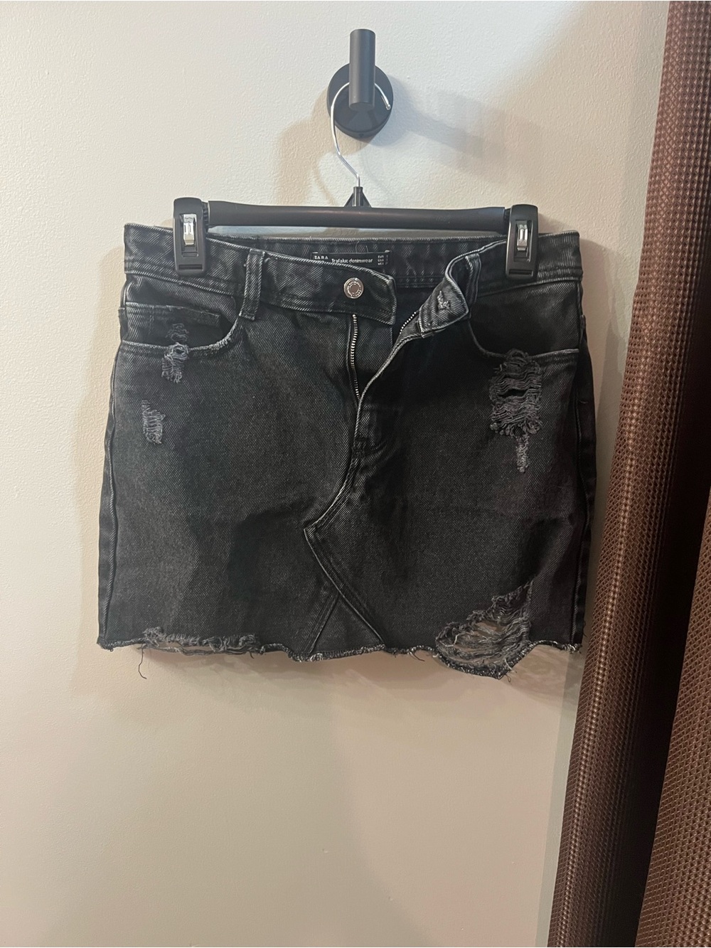 Zara Washed Black Distressed Denim Mini Skirt